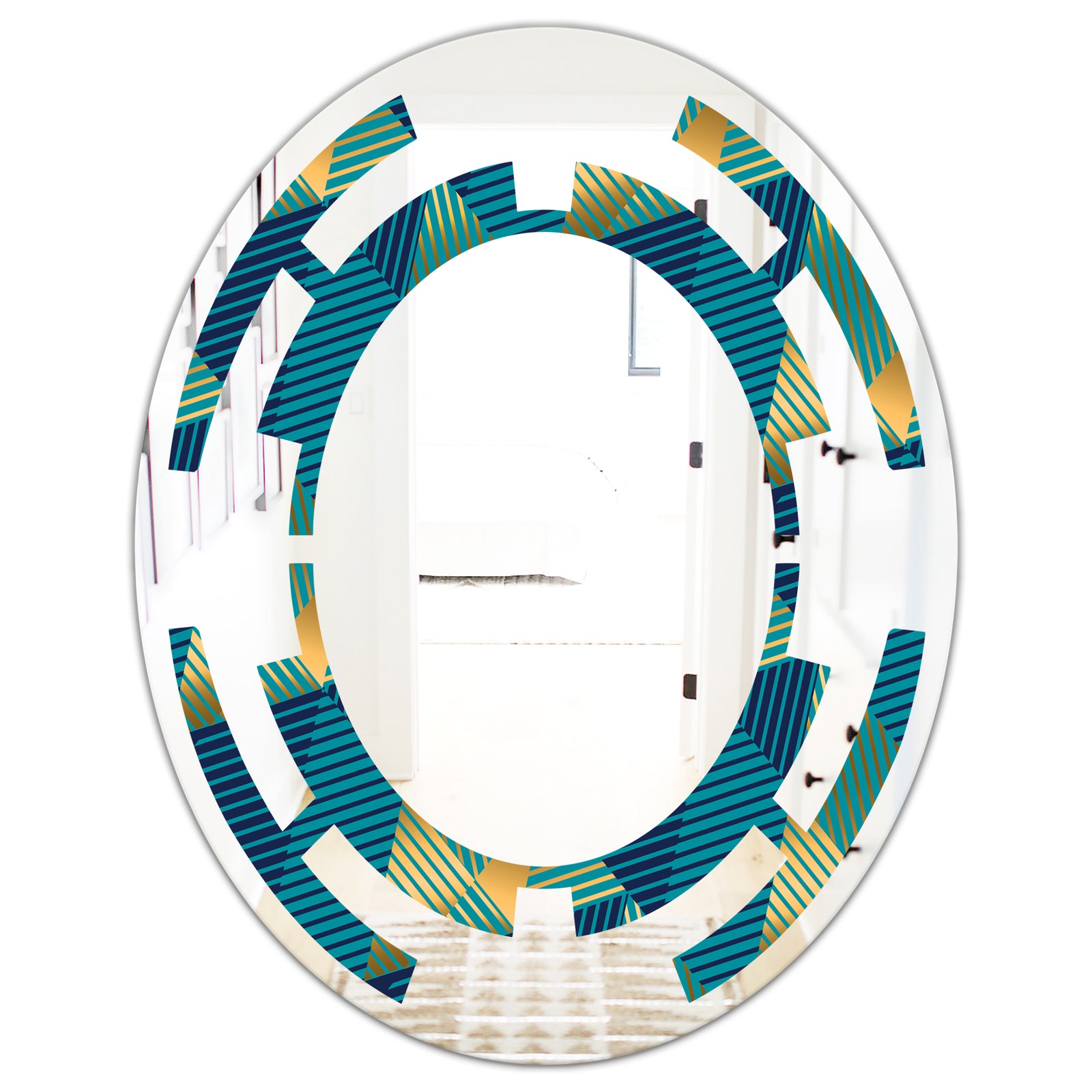 Retro Luxury Waves In Gold and Blue VII - Modern Round or Oval Wall Mirror - Space