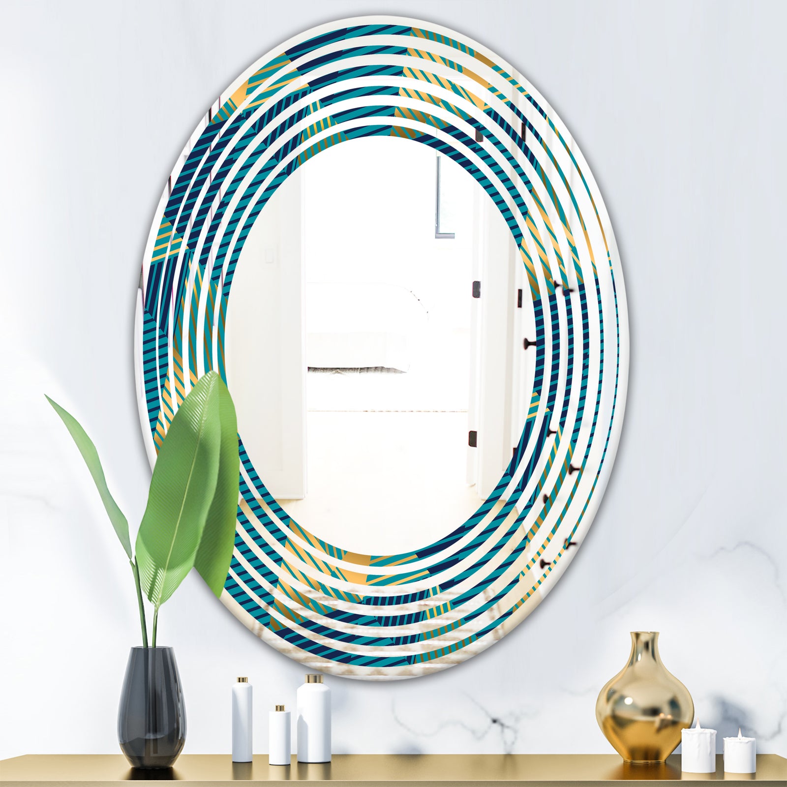 Retro Luxury Waves In Gold and Blue VII - Modern Round or Oval Wall Mirror - Wave