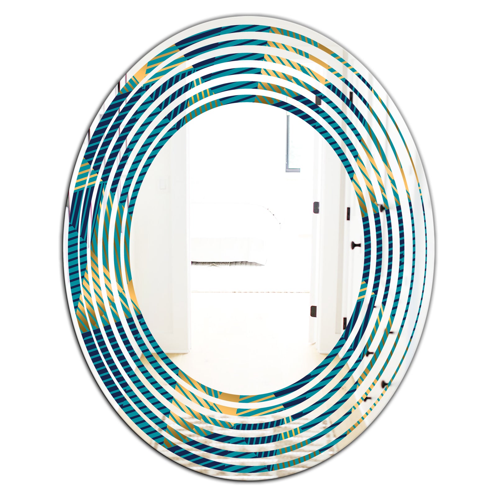 Retro Luxury Waves In Gold and Blue VII - Modern Round or Oval Wall Mirror - Wave