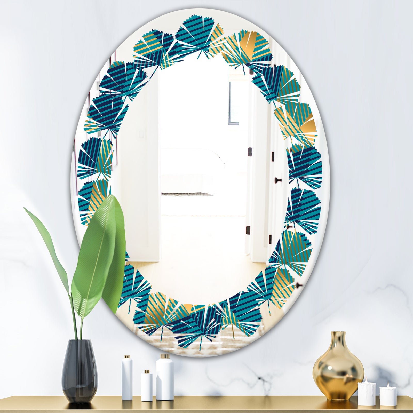 Retro Luxury Waves In Gold and Blue VII - Modern Round or Oval Wall Mirror - Leaves