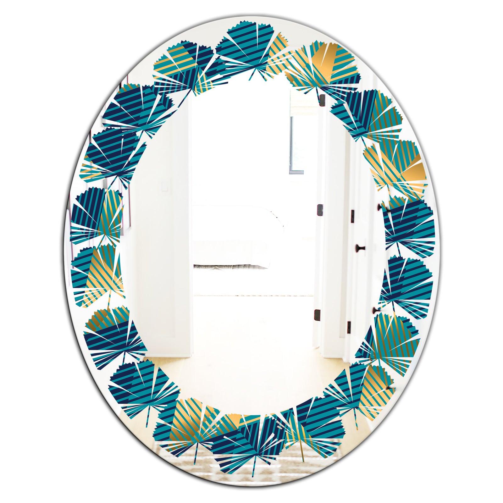 Retro Luxury Waves In Gold and Blue VII - Modern Round or Oval Wall Mirror - Leaves