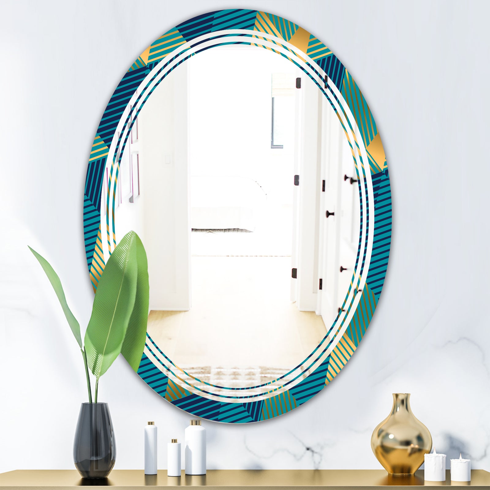 Retro Luxury Waves In Gold and Blue VII - Modern Round or Oval Wall Mirror - Triple C