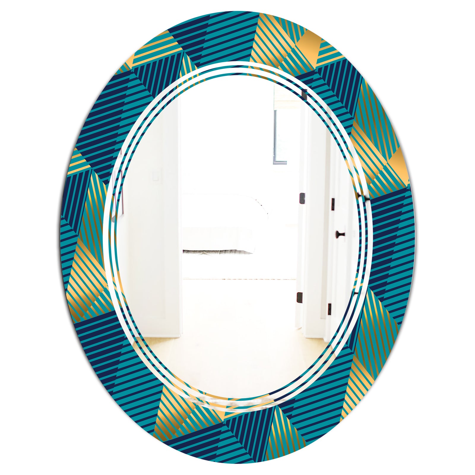 Retro Luxury Waves In Gold and Blue VII - Modern Round or Oval Wall Mirror - Triple C