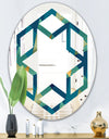 Retro Luxury Waves In Gold and Blue VII - Modern Round or Oval Wall Mirror - Hexagon Star