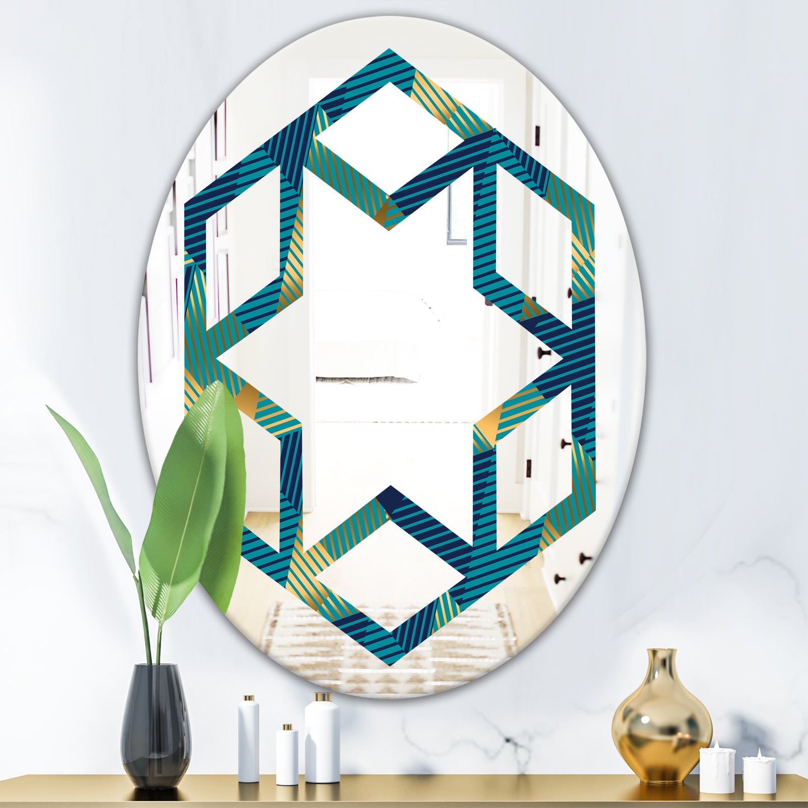 Retro Luxury Waves In Gold and Blue VII - Modern Round or Oval Wall Mirror - Hexagon Star