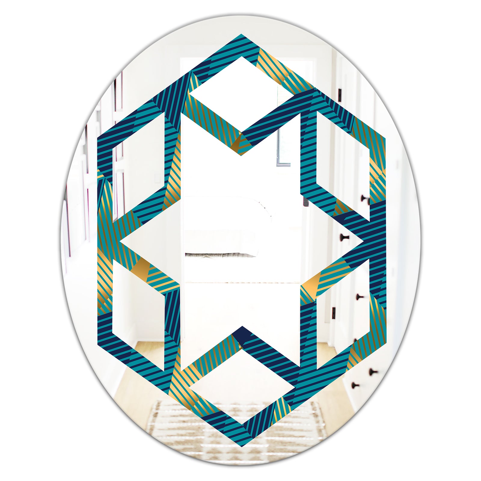 Retro Luxury Waves In Gold and Blue VII - Modern Round or Oval Wall Mirror - Hexagon Star