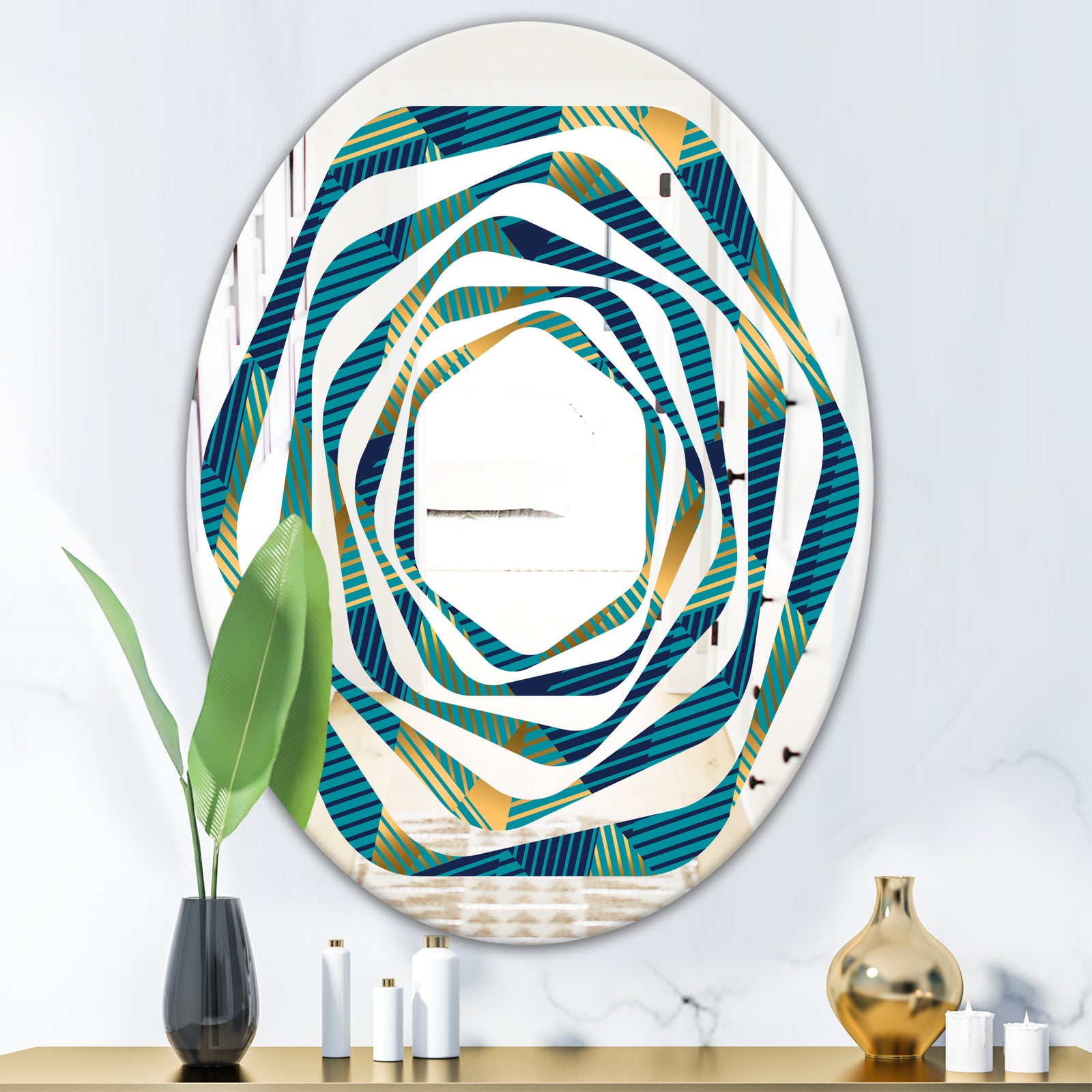 Retro Luxury Waves In Gold and Blue VII - Modern Round or Oval Wall Mirror - Whirl