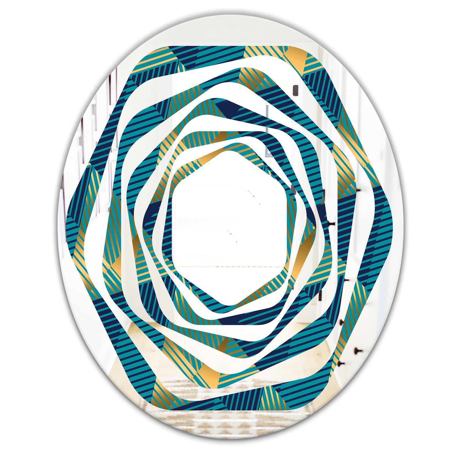 Retro Luxury Waves In Gold and Blue VII - Modern Round or Oval Wall Mirror - Whirl