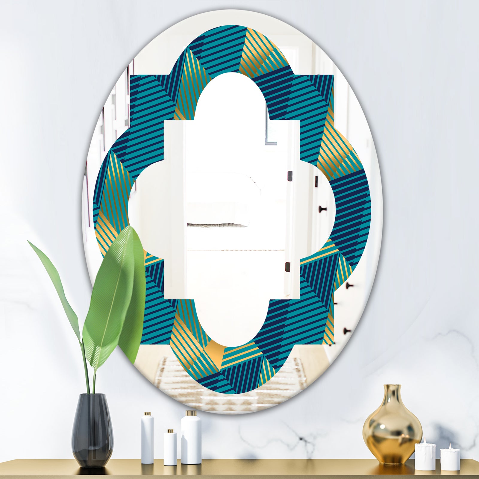 Retro Luxury Waves In Gold and Blue VII - Modern Round or Oval Wall Mirror - Quatrefoil