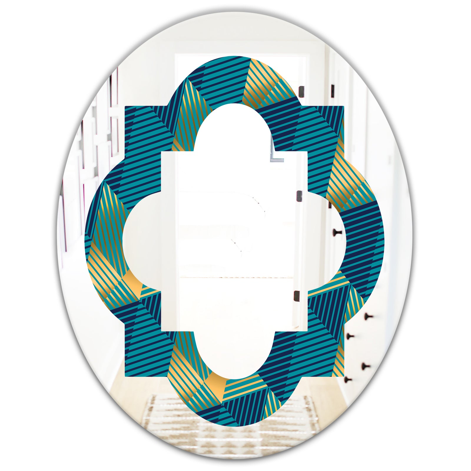 Retro Luxury Waves In Gold and Blue VII - Modern Round or Oval Wall Mirror - Quatrefoil