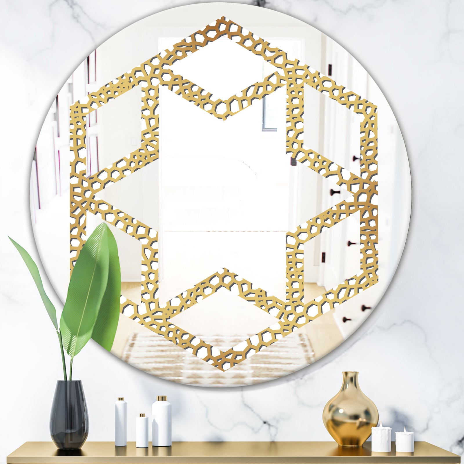 Golden Maze - Modern Round or Oval Wall Mirror - Hexagon Star