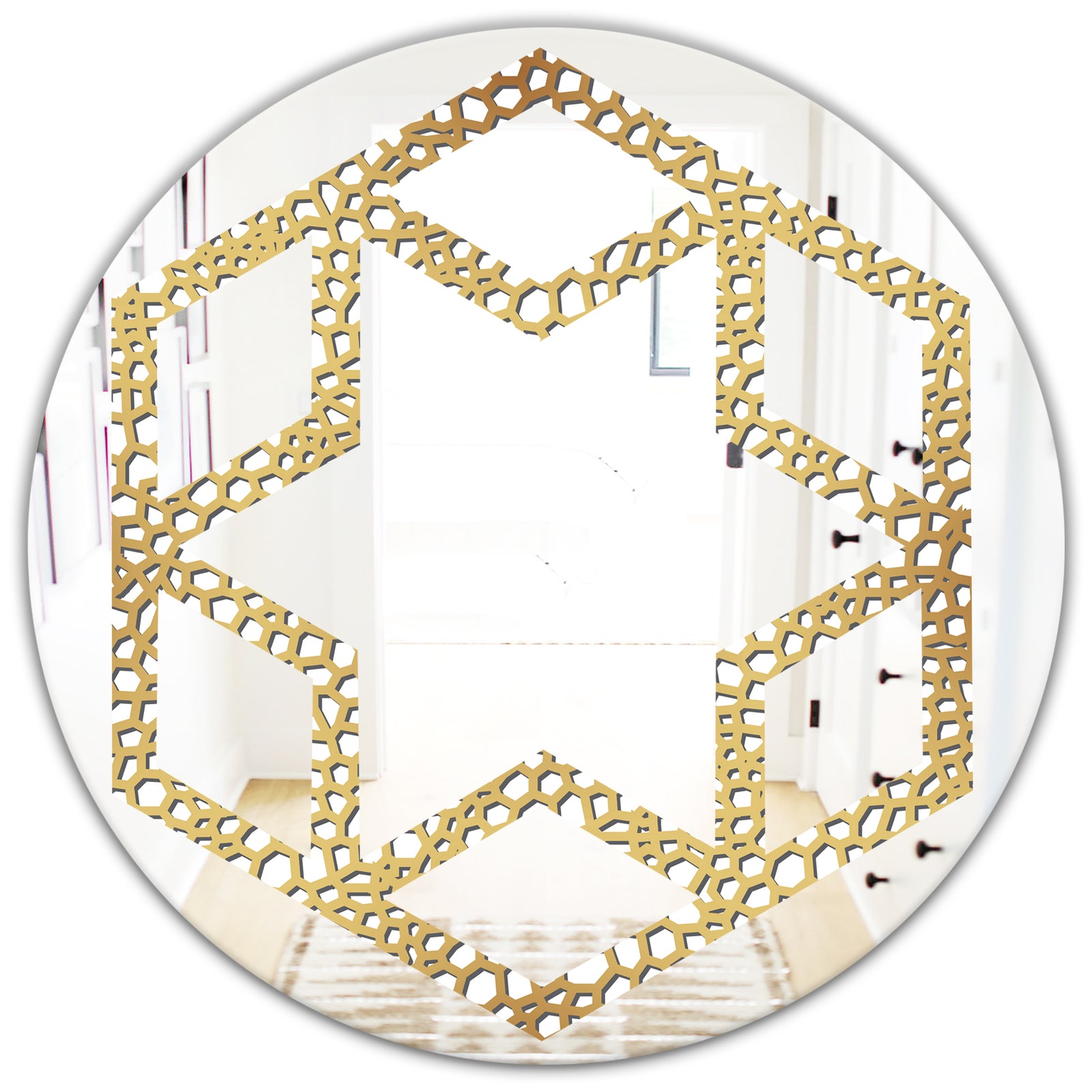 Golden Maze - Modern Round or Oval Wall Mirror - Hexagon Star