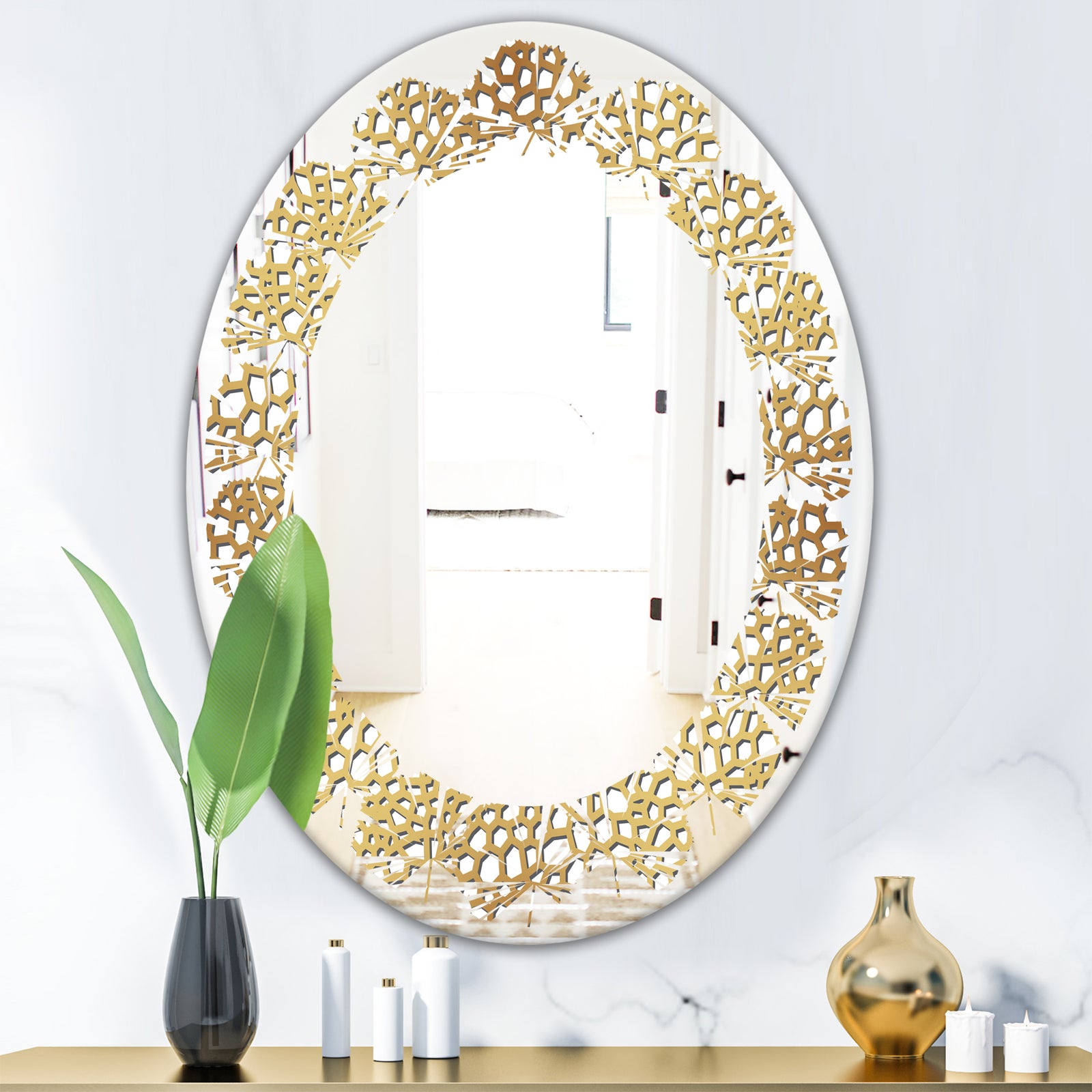 Golden Maze - Modern Round or Oval Wall Mirror - Leaves