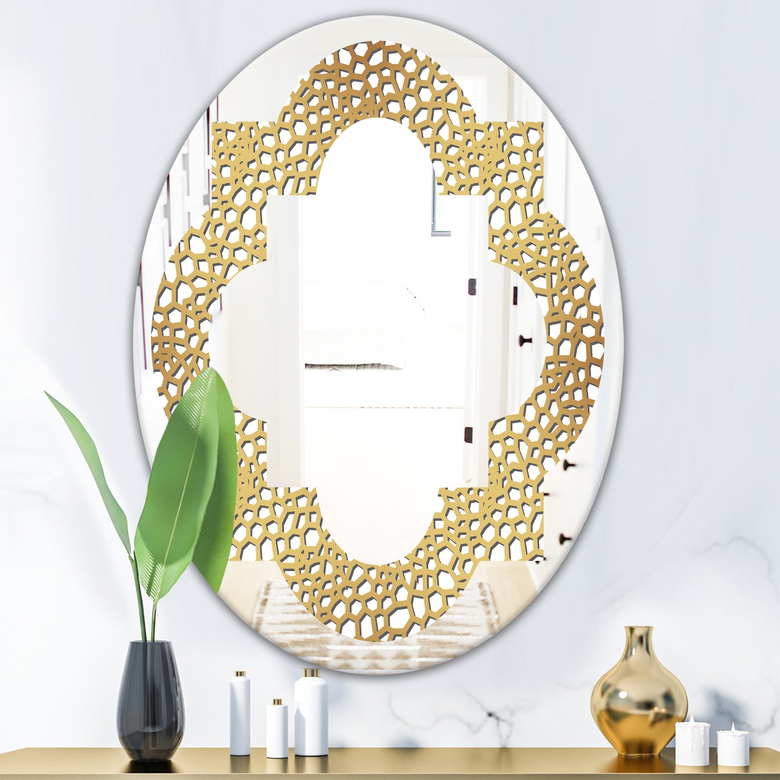 Golden Maze - Modern Round or Oval Wall Mirror - Quatrefoil