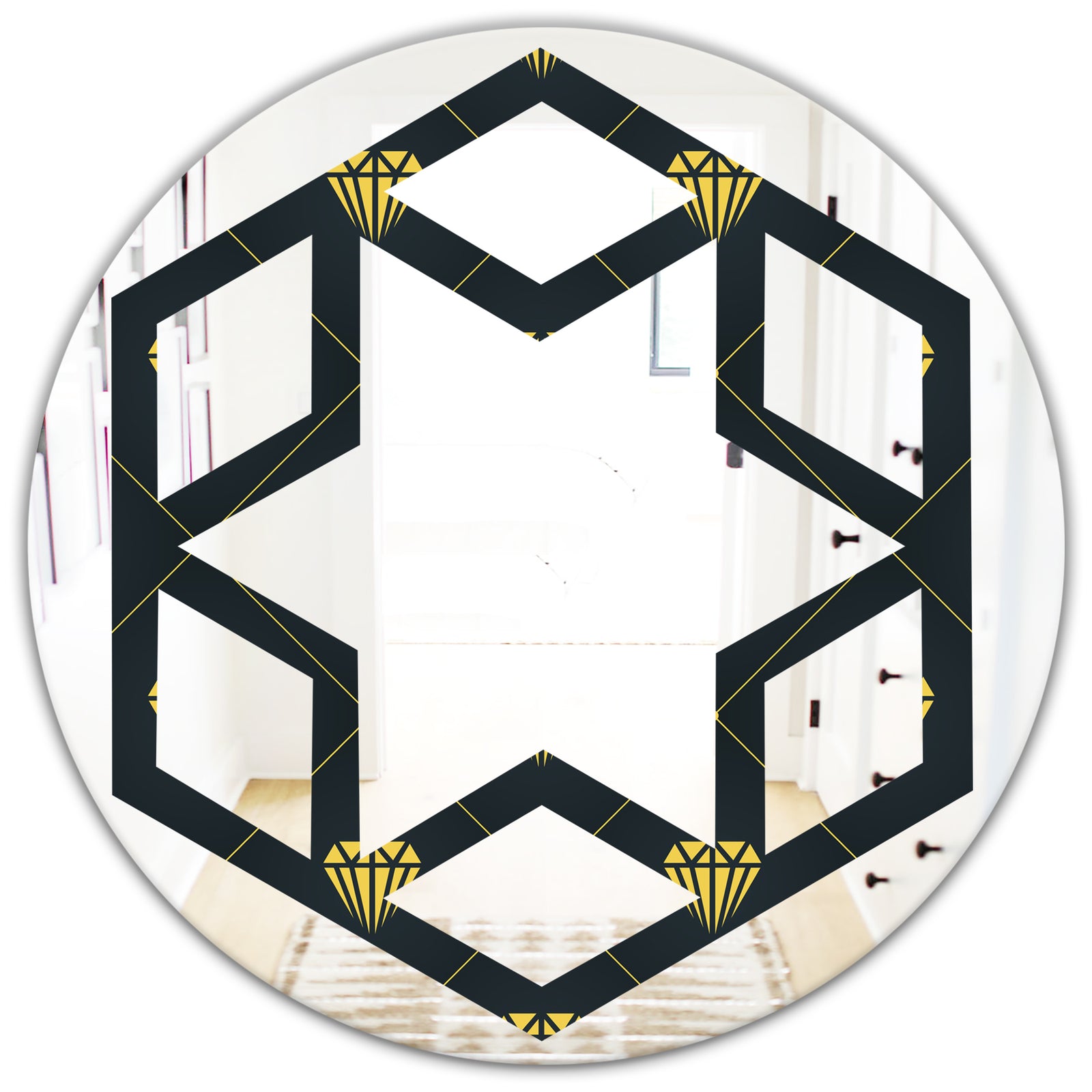 Golden Heart Design - Modern Round or Oval Wall Mirror - Hexagon Star