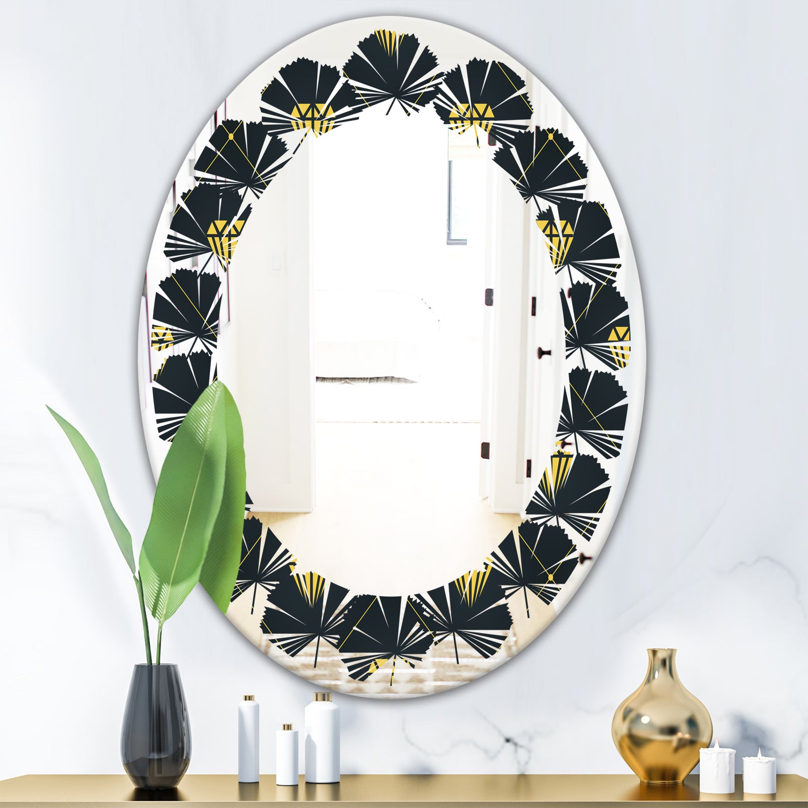 Golden Heart Design - Modern Round or Oval Wall Mirror - Leaves