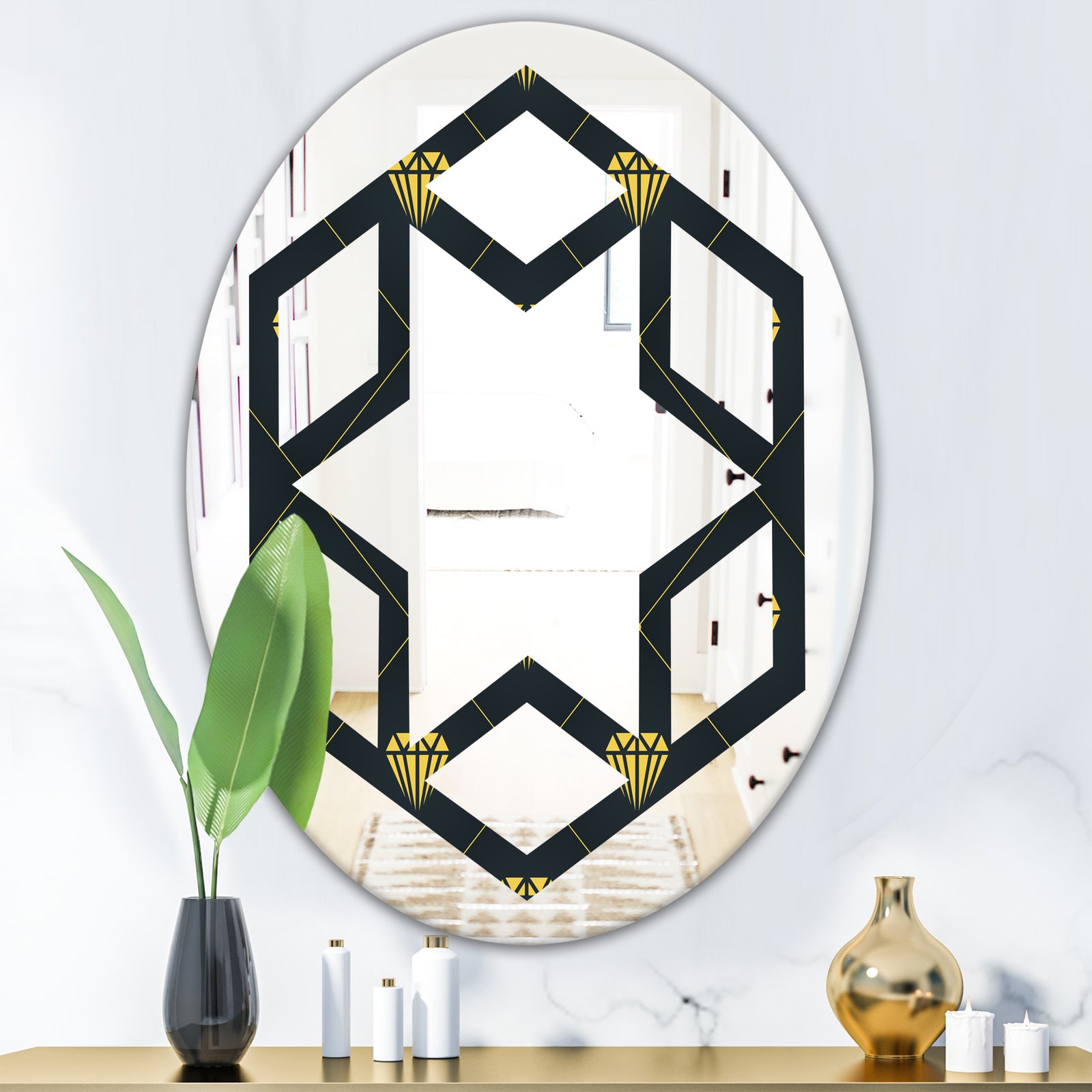 Golden Heart Design - Modern Round or Oval Wall Mirror - Hexagon Star