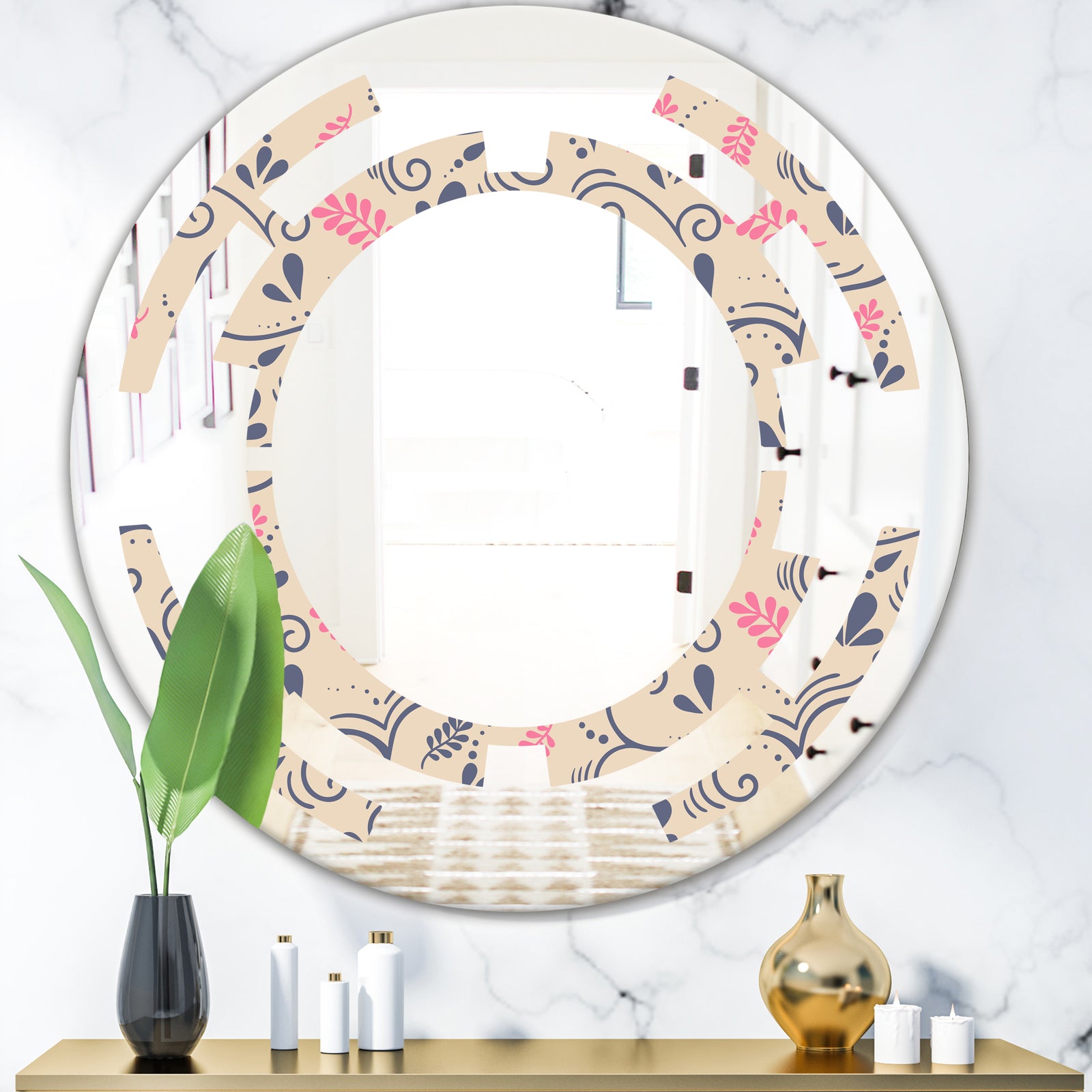 Retro Botanical Pattern X - Modern Round or Oval Wall Mirror - Space