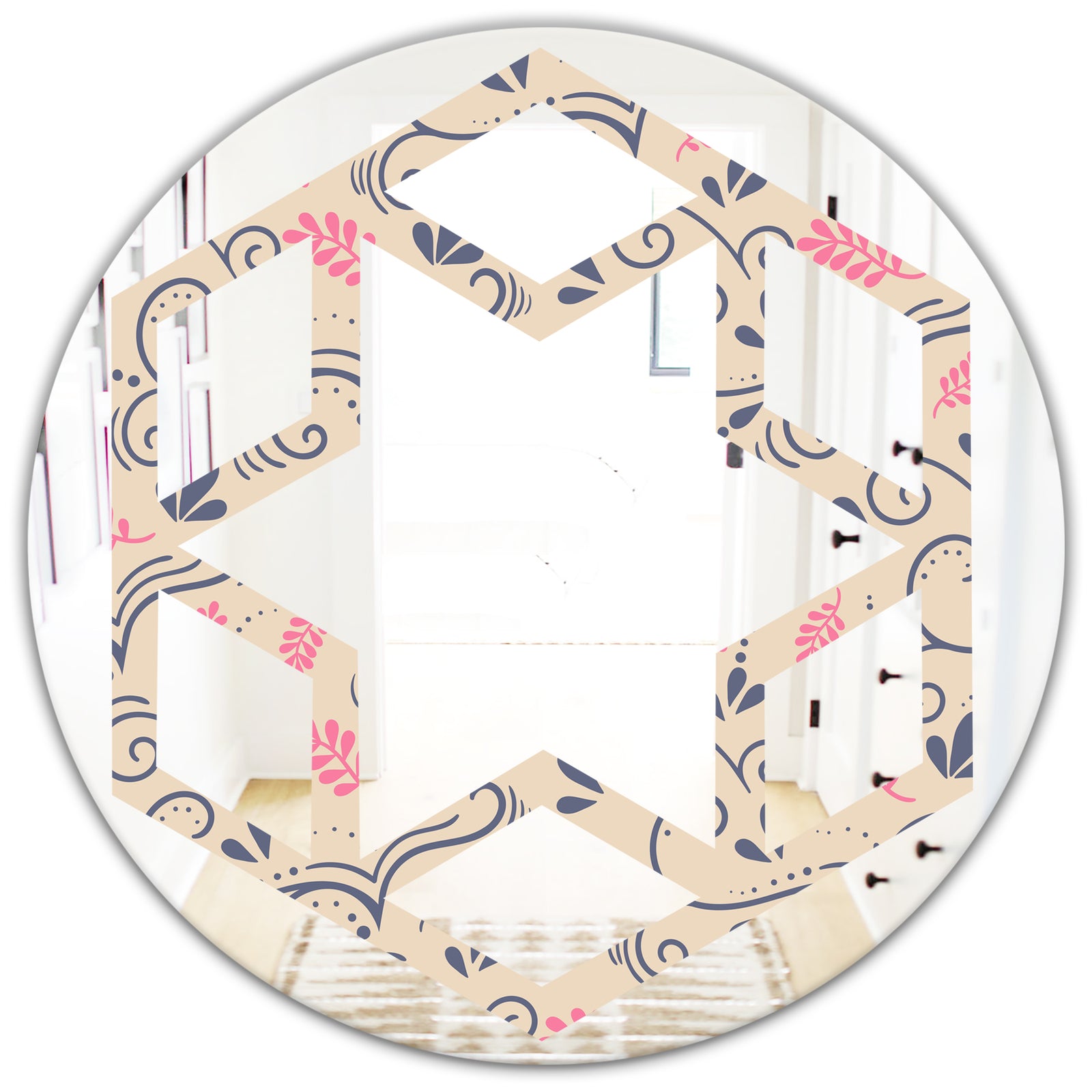 Retro Botanical Pattern X - Modern Round or Oval Wall Mirror - Hexagon Star
