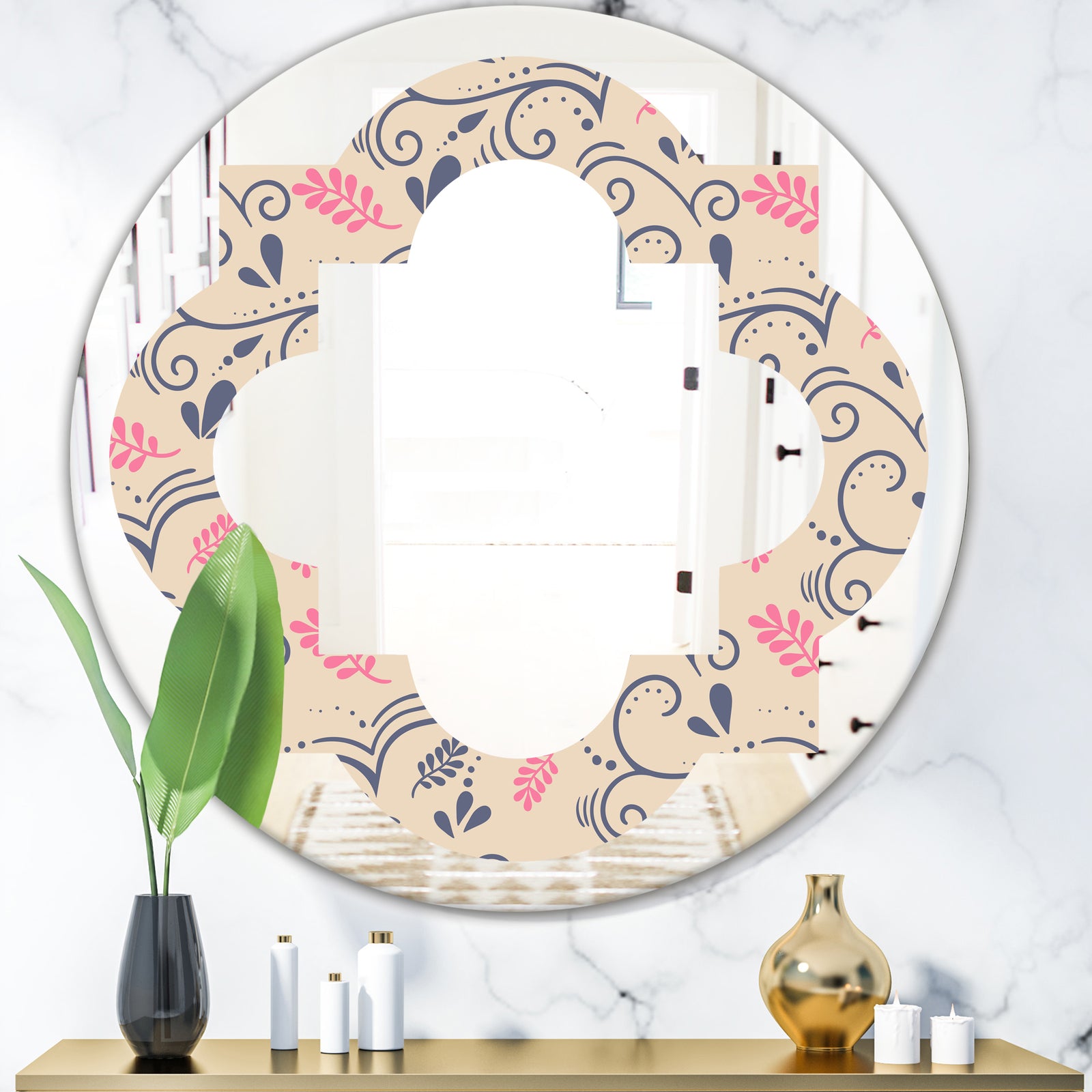 Retro Botanical Pattern X - Modern Round or Oval Wall Mirror - Quatrefoil