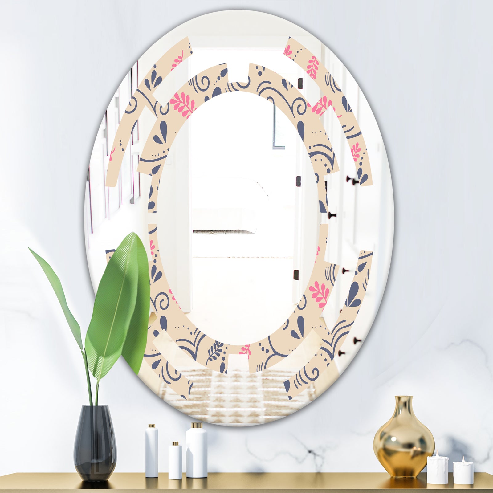 Retro Botanical Pattern X - Modern Round or Oval Wall Mirror - Space