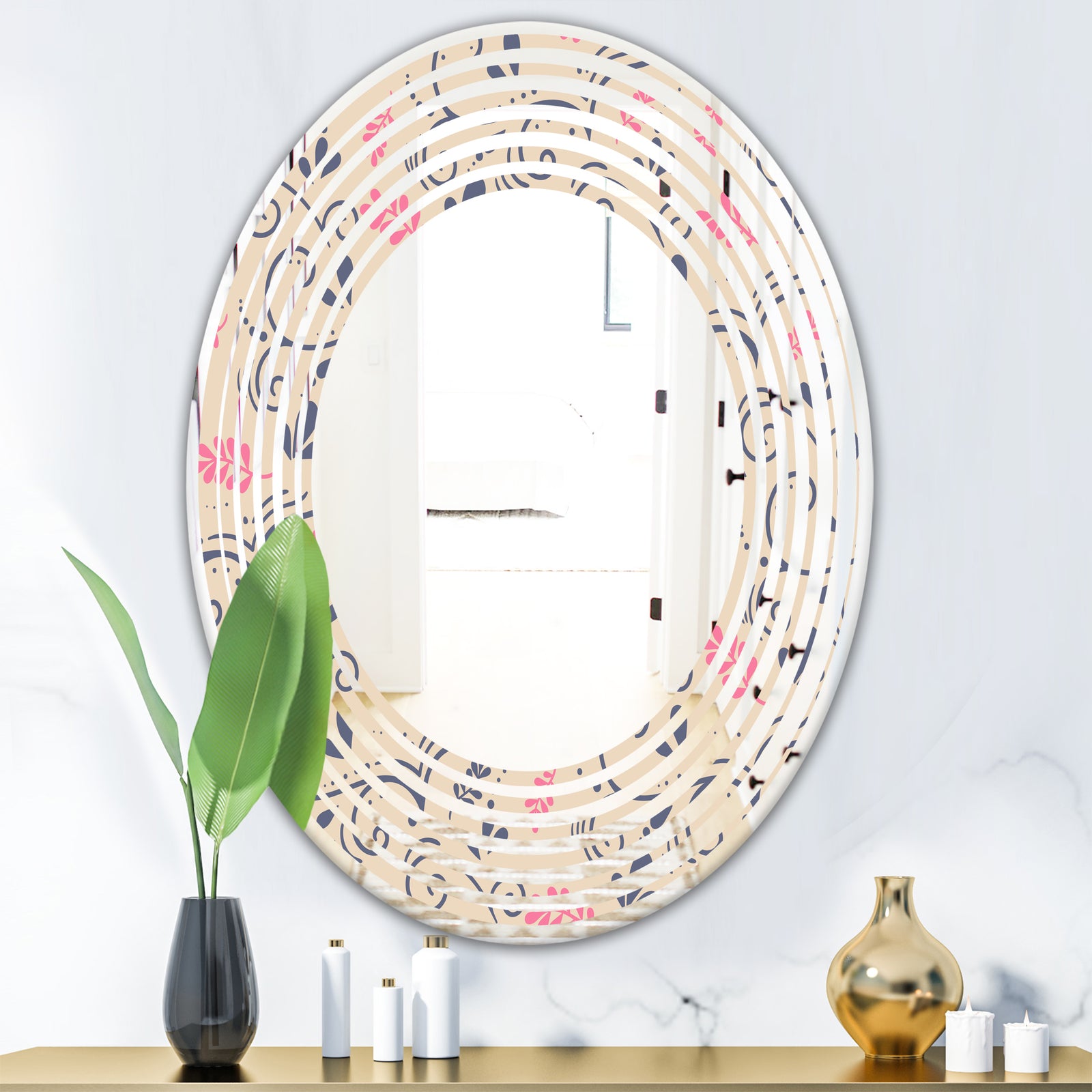 Retro Botanical Pattern X - Modern Round or Oval Wall Mirror - Wave
