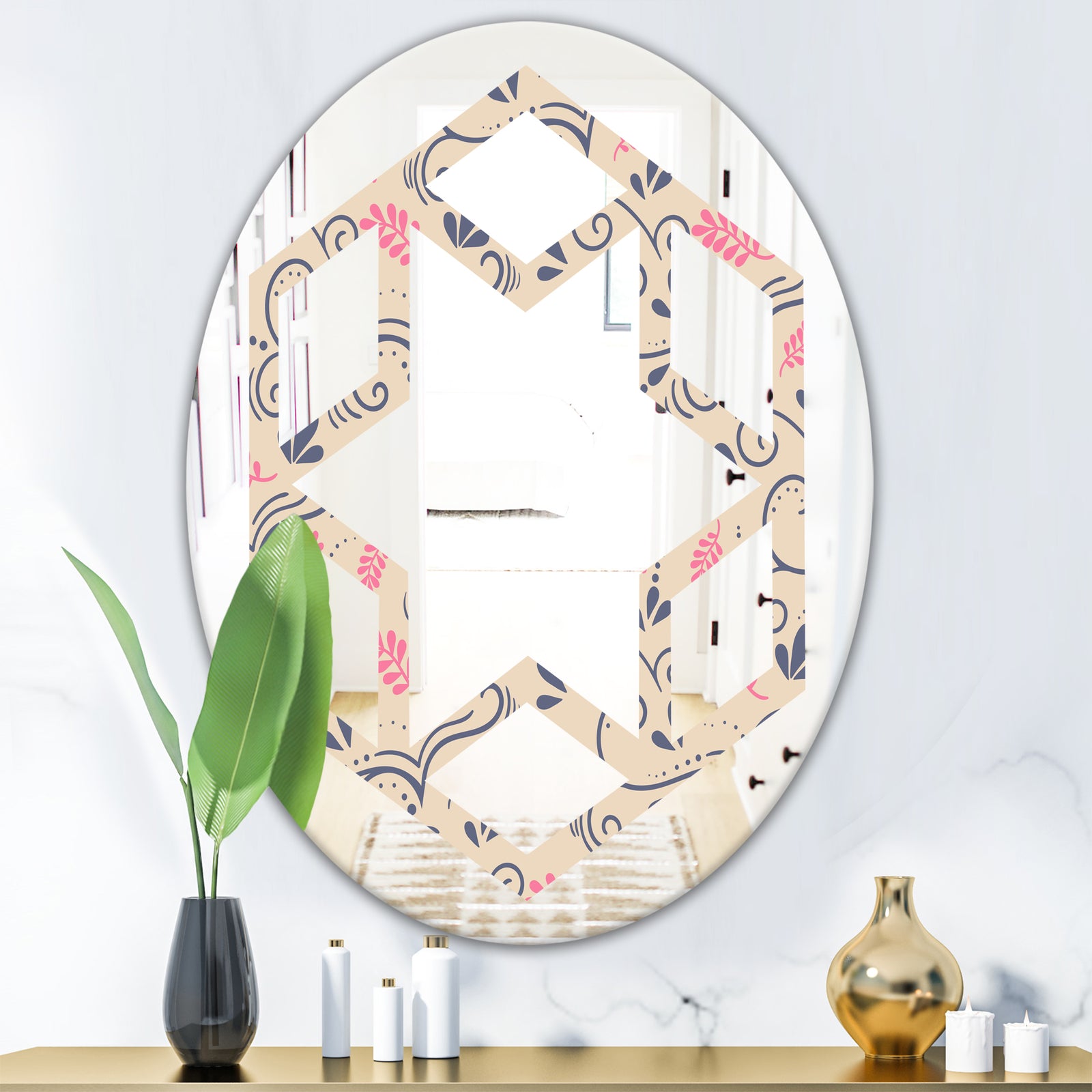 Retro Botanical Pattern X - Modern Round or Oval Wall Mirror - Hexagon Star