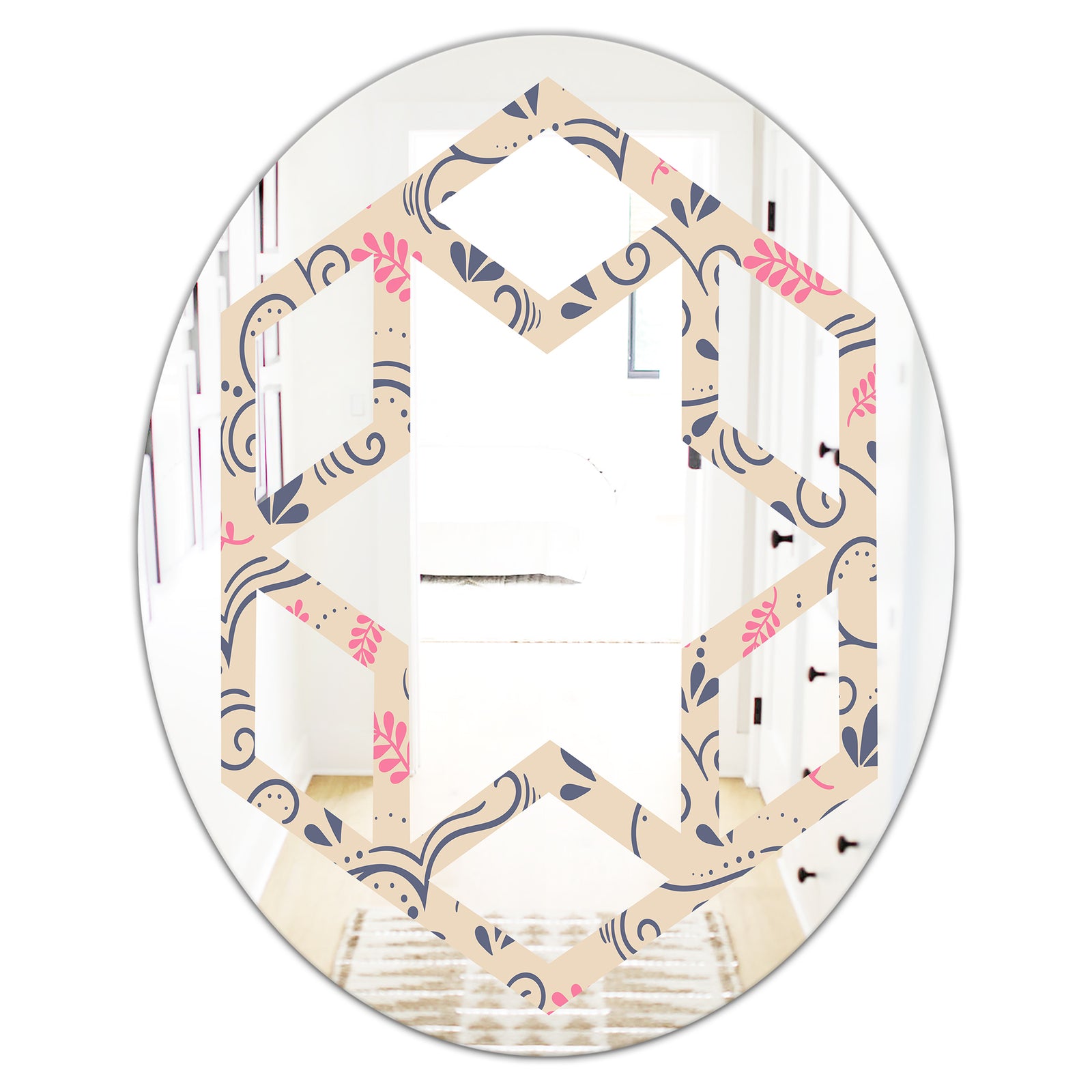 Retro Botanical Pattern X - Modern Round or Oval Wall Mirror - Hexagon Star