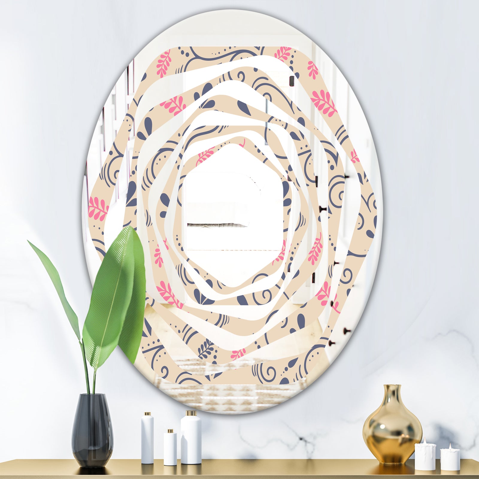 Retro Botanical Pattern X - Modern Round or Oval Wall Mirror - Whirl