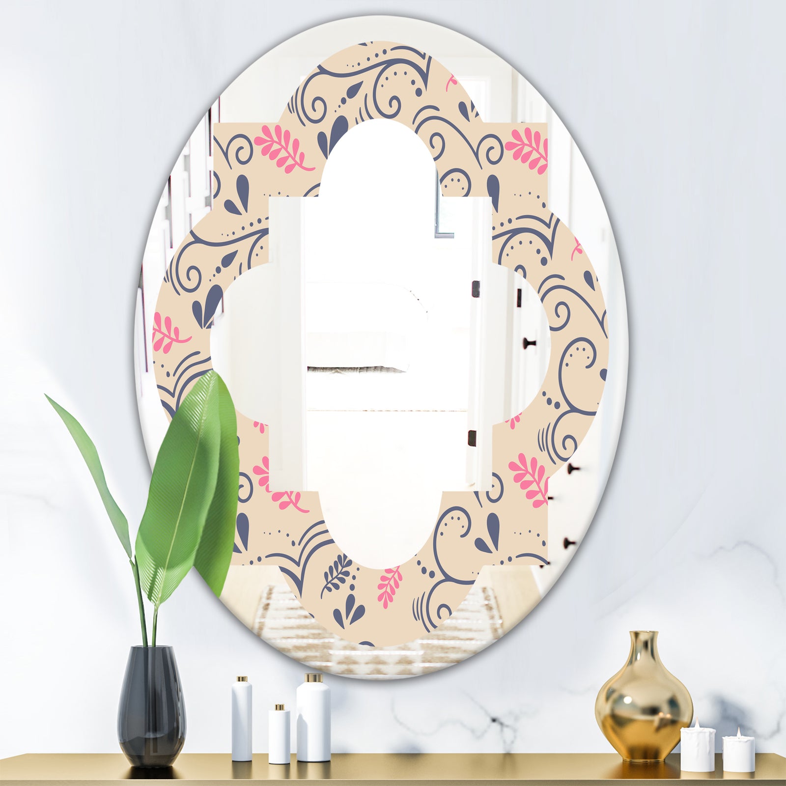 Retro Botanical Pattern X - Modern Round or Oval Wall Mirror - Quatrefoil