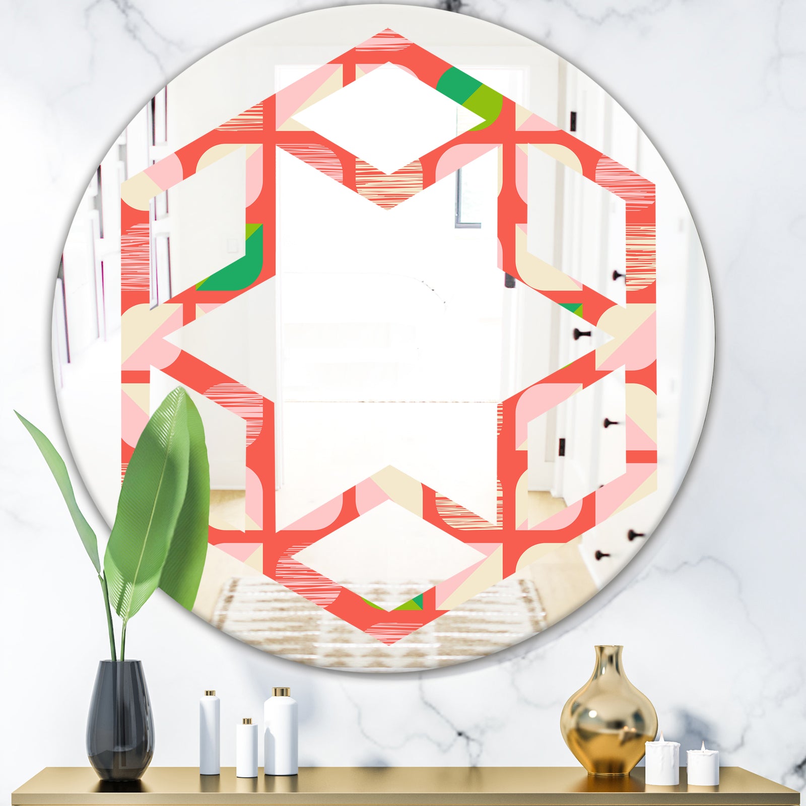 Abstract Retro Geometric Pattern VIII - Modern Round or Oval Wall Mirror - Hexagon Star