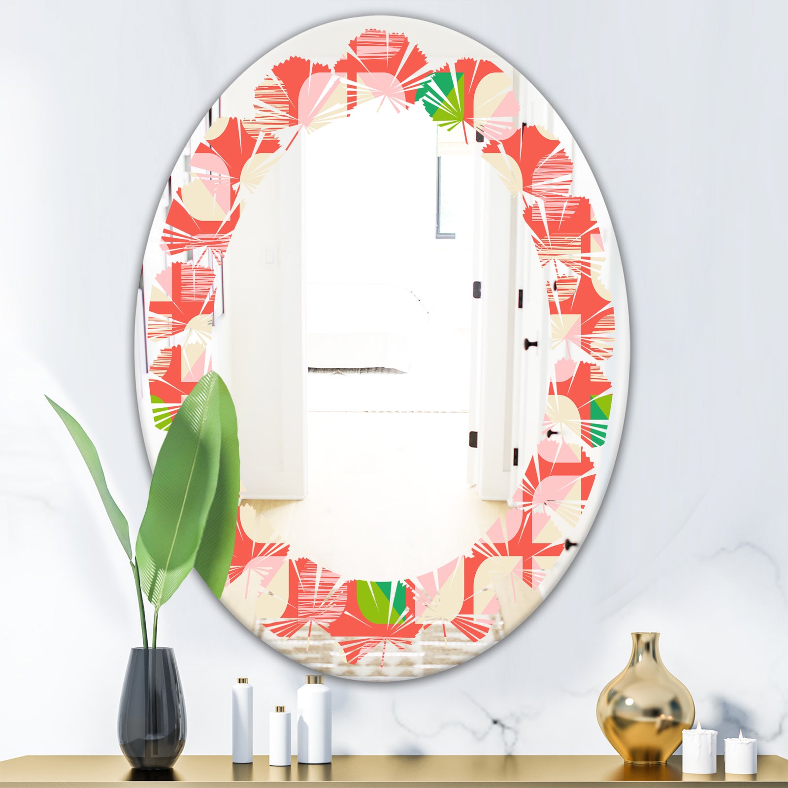 Abstract Retro Geometric Pattern VIII - Modern Round or Oval Wall Mirror - Leaves