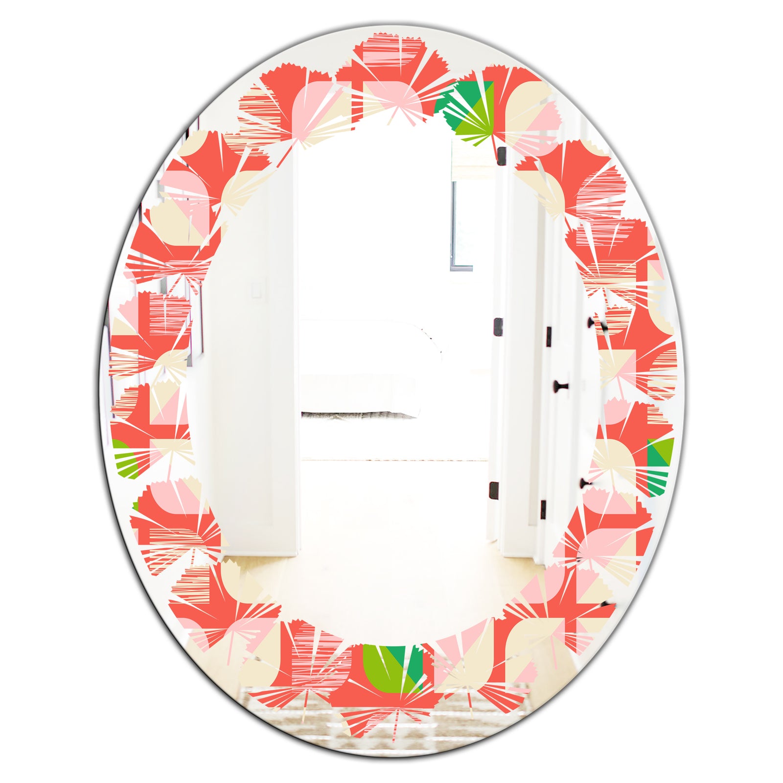 Abstract Retro Geometric Pattern VIII - Modern Round or Oval Wall Mirror - Leaves