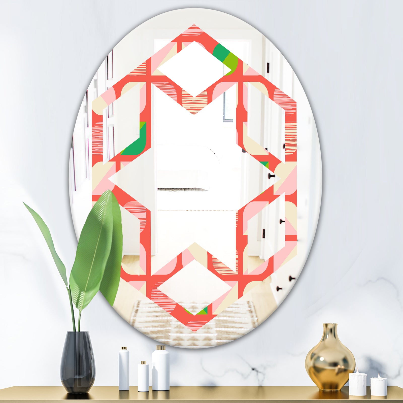 Abstract Retro Geometric Pattern VIII - Modern Round or Oval Wall Mirror - Hexagon Star