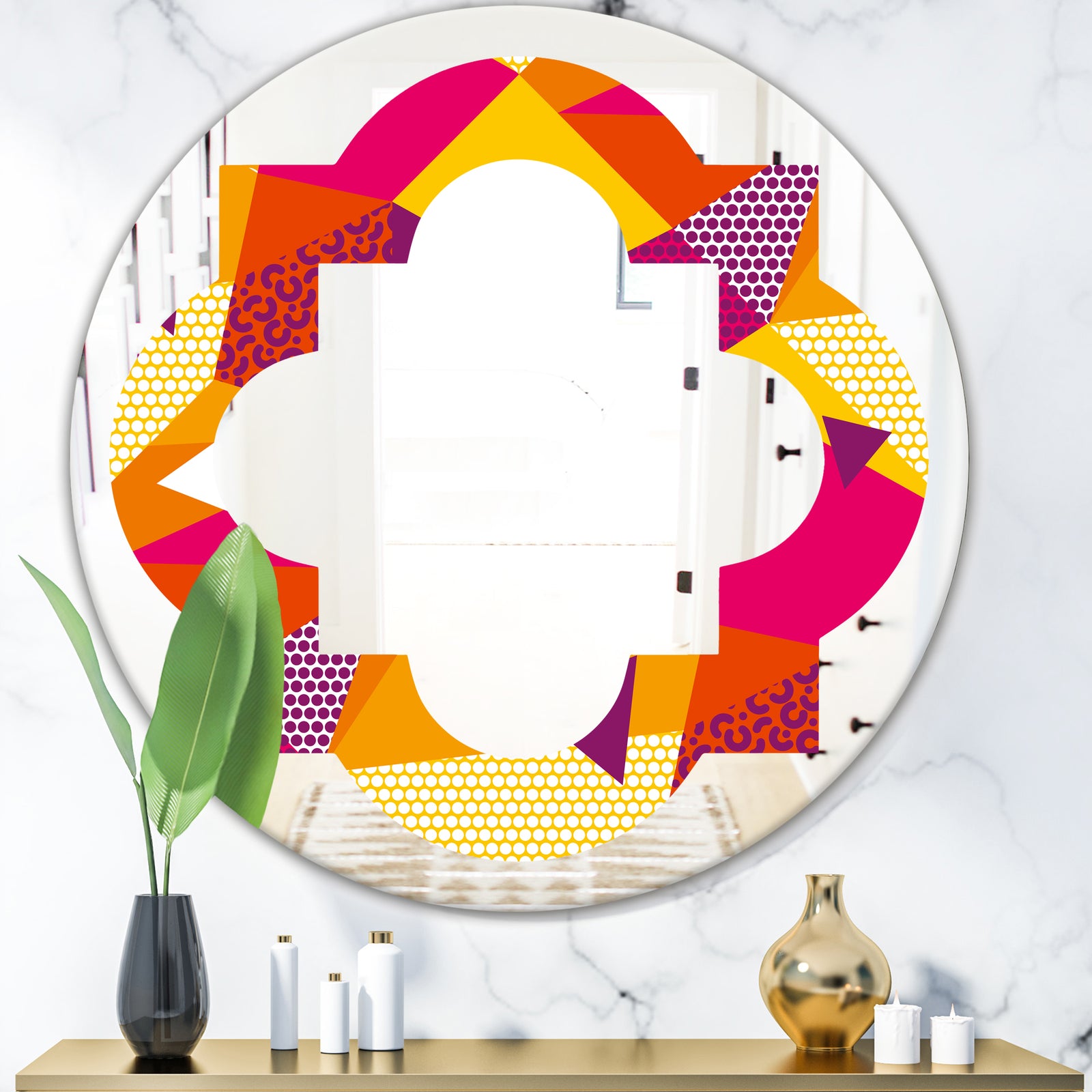 Abstract Geometric Retro III - Modern Round or Oval Wall Mirror - Quatrefoil