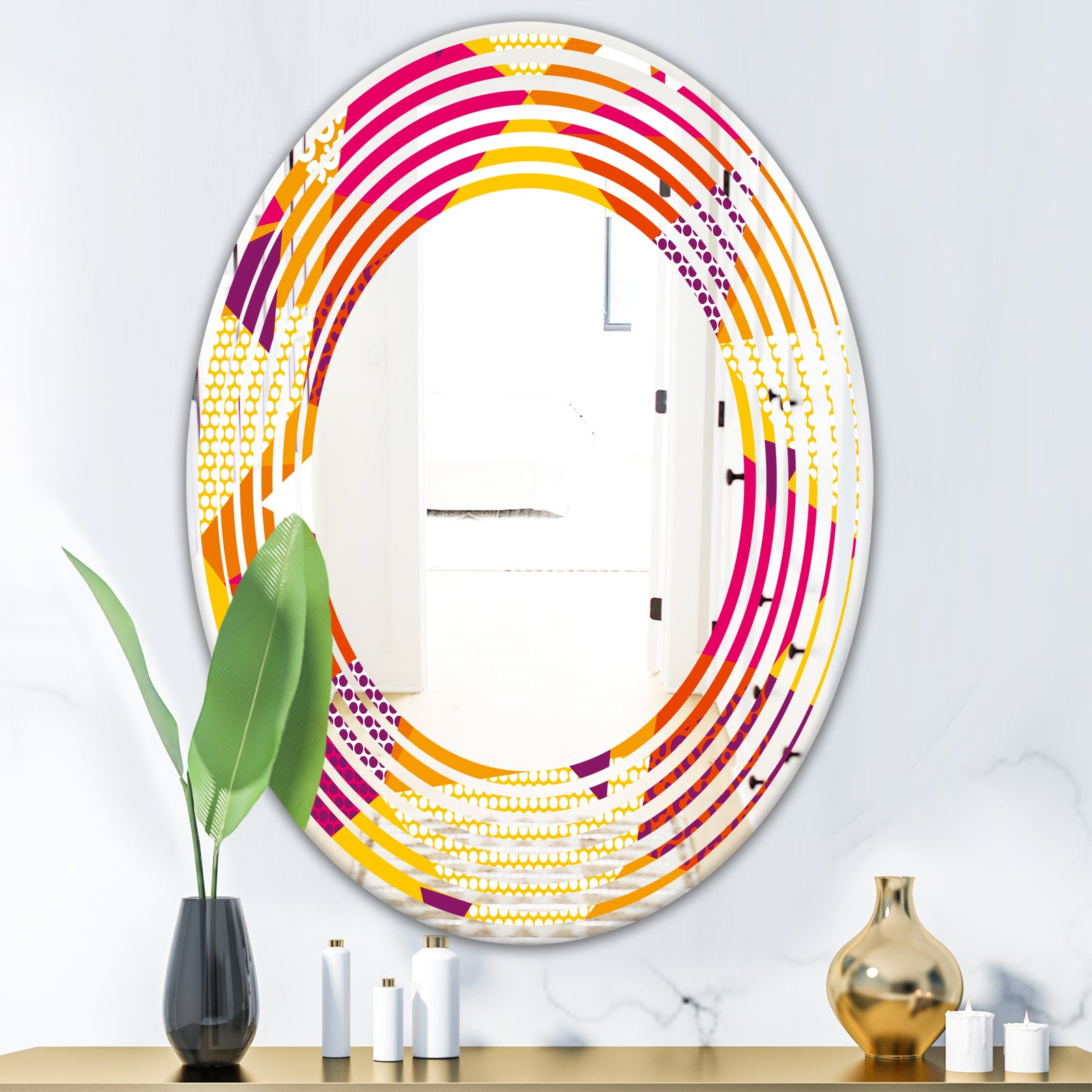Abstract Geometric Retro III - Modern Round or Oval Wall Mirror - Wave