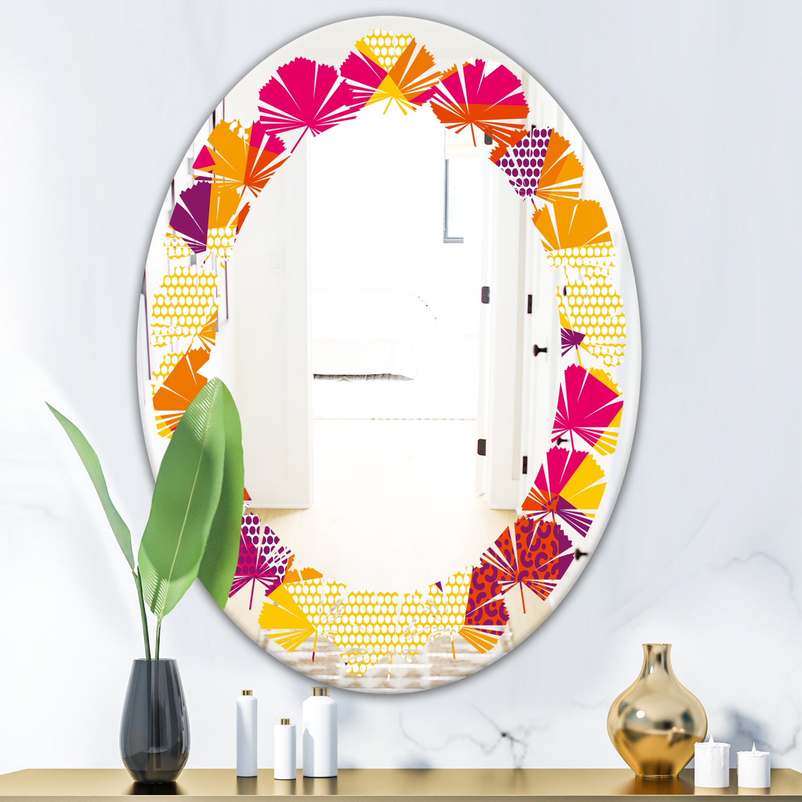 Abstract Geometric Retro III - Modern Round or Oval Wall Mirror - Leaves