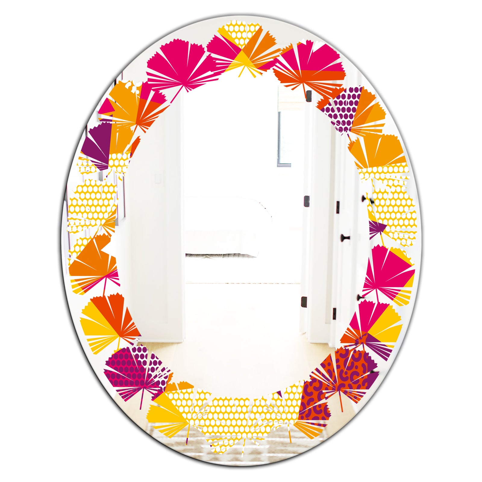 Abstract Geometric Retro III - Modern Round or Oval Wall Mirror - Leaves
