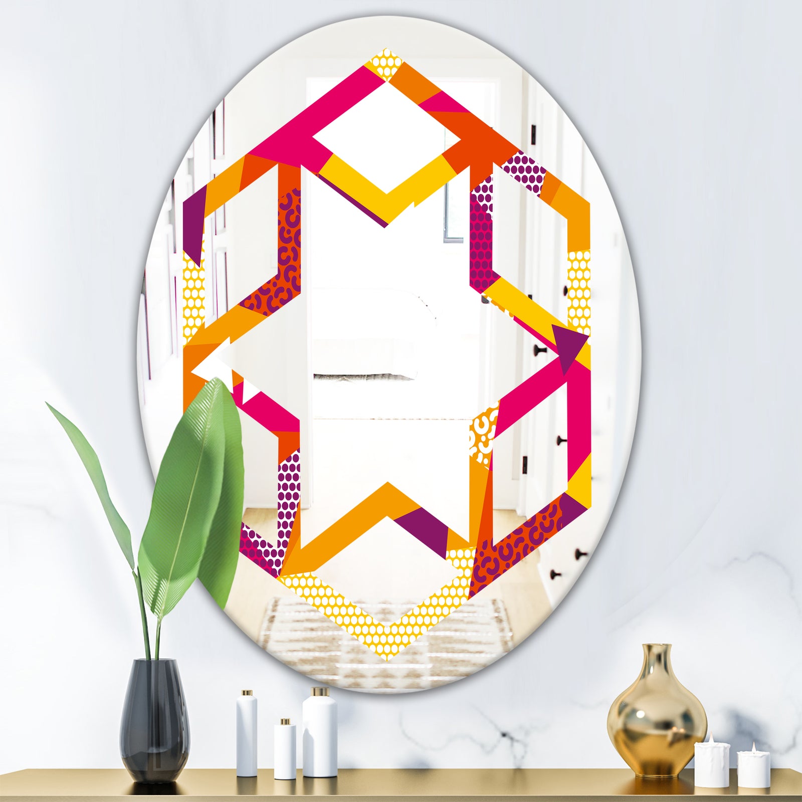 Abstract Geometric Retro III - Modern Round or Oval Wall Mirror - Hexagon Star