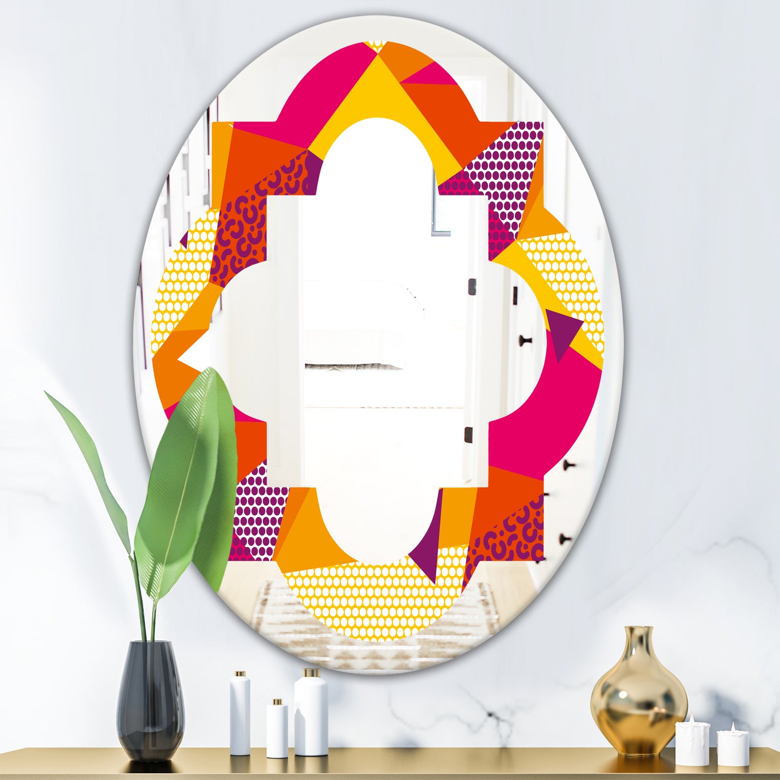 Abstract Geometric Retro III - Modern Round or Oval Wall Mirror - Quatrefoil