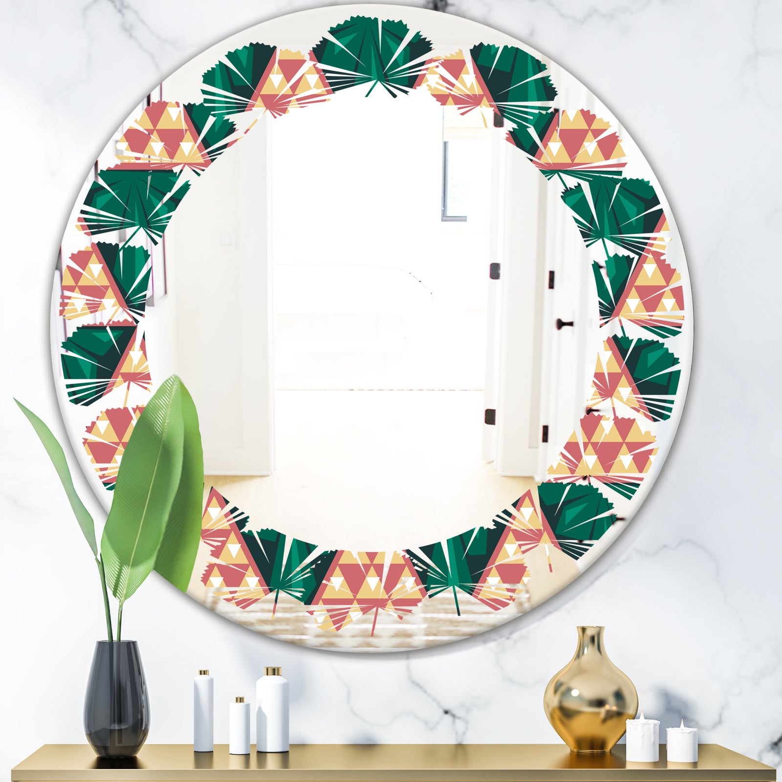 Abstract Geometric Retro II - Modern Round or Oval Wall Mirror - Leaves