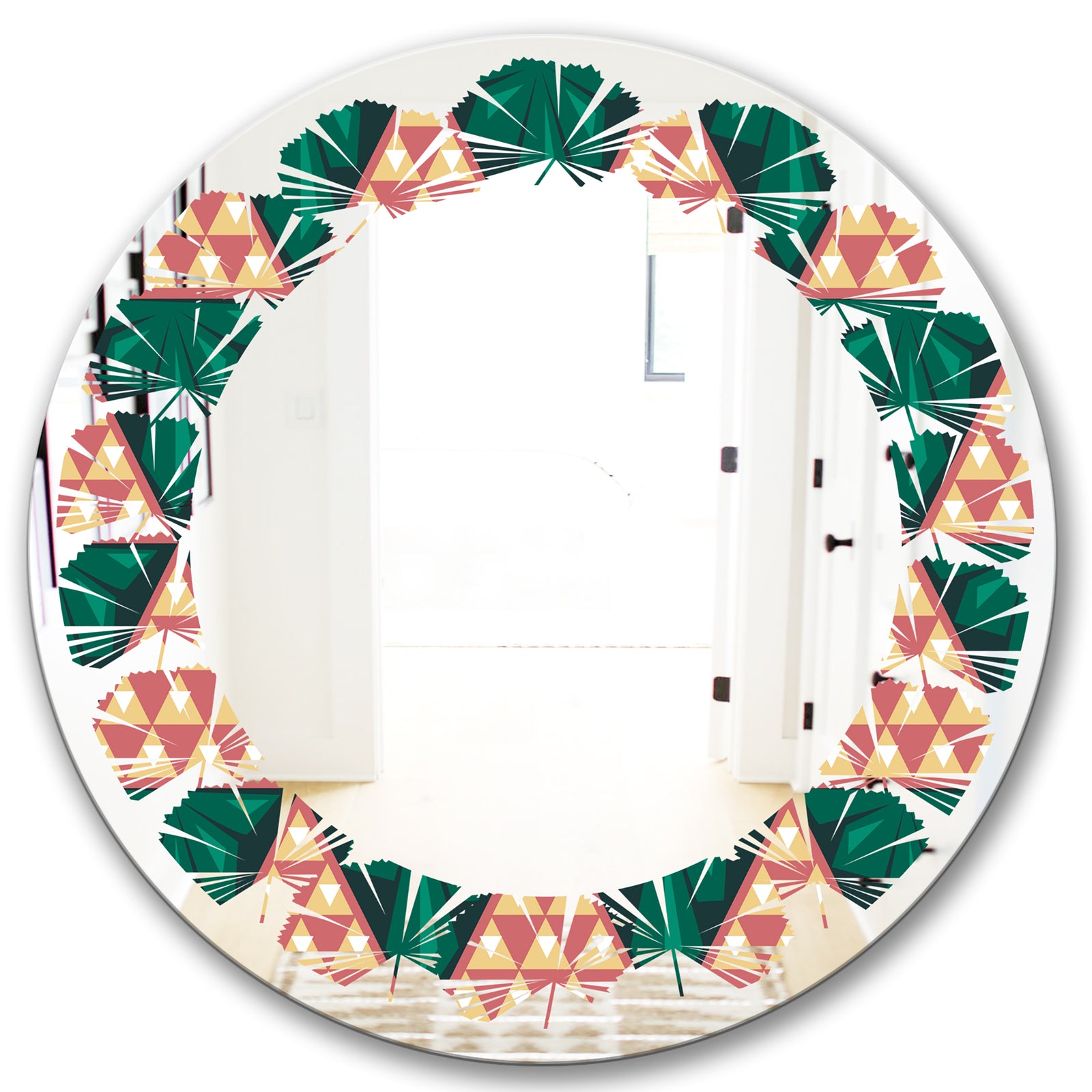 Abstract Geometric Retro II - Modern Round or Oval Wall Mirror - Leaves