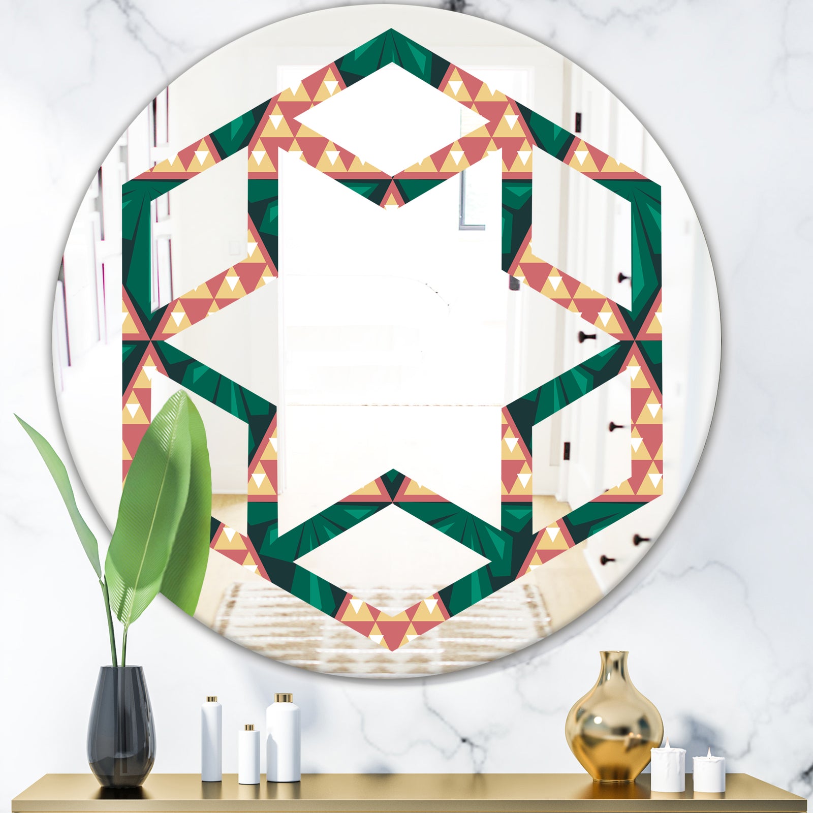 Abstract Geometric Retro II - Modern Round or Oval Wall Mirror - Hexagon Star