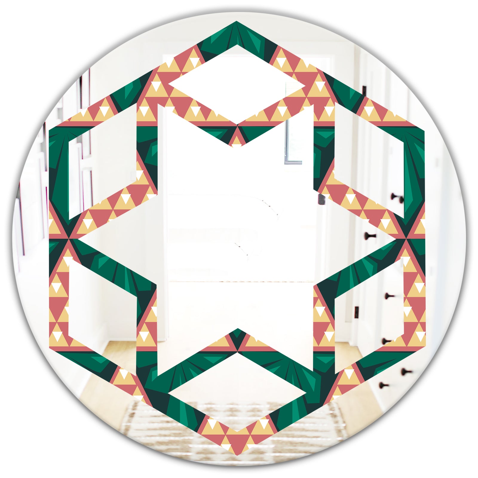 Abstract Geometric Retro II - Modern Round or Oval Wall Mirror - Hexagon Star