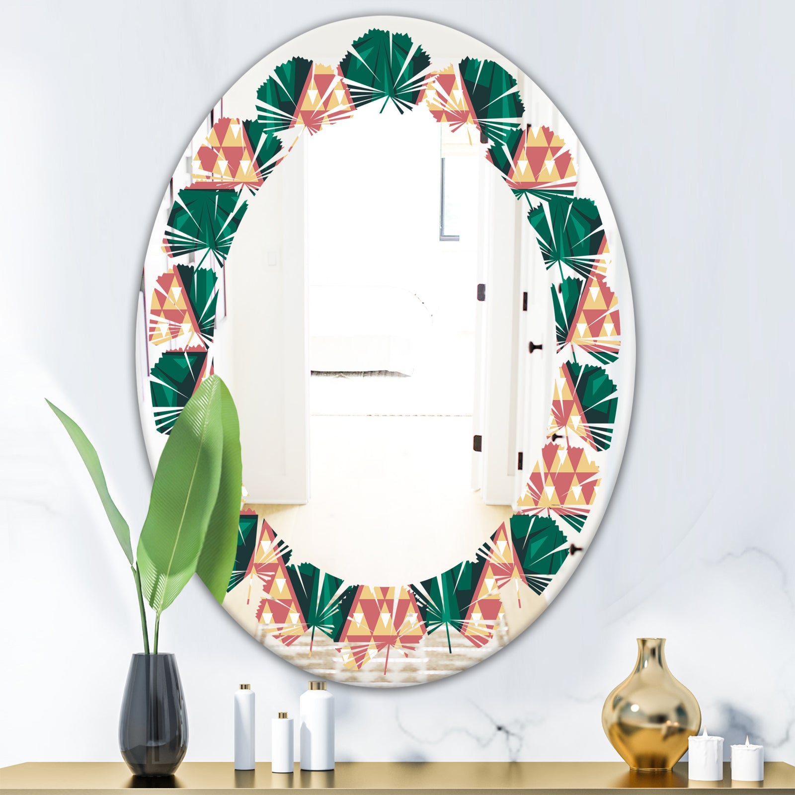 Abstract Geometric Retro II - Modern Round or Oval Wall Mirror - Leaves