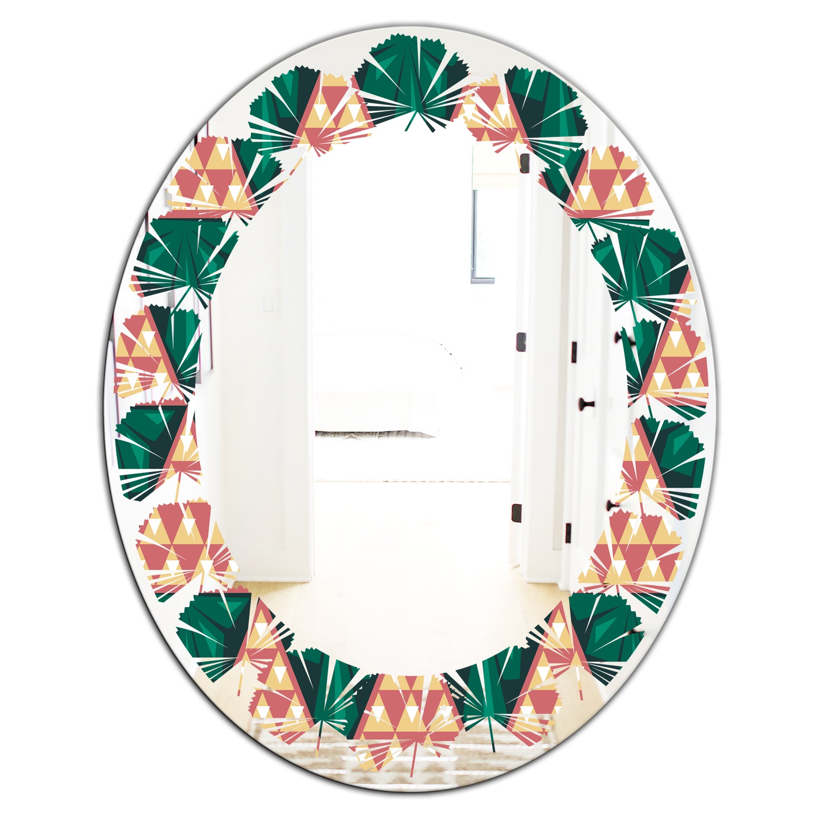 Abstract Geometric Retro II - Modern Round or Oval Wall Mirror - Leaves