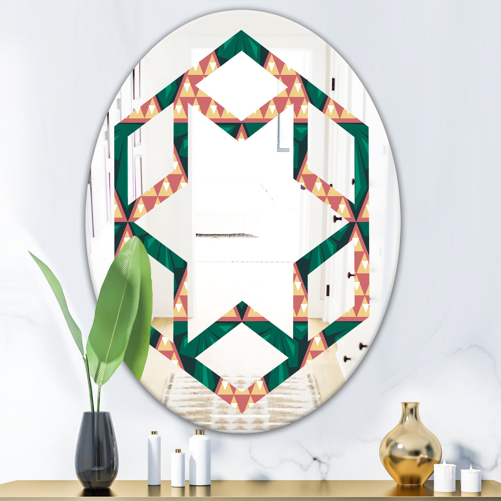 Abstract Geometric Retro II - Modern Round or Oval Wall Mirror - Hexagon Star