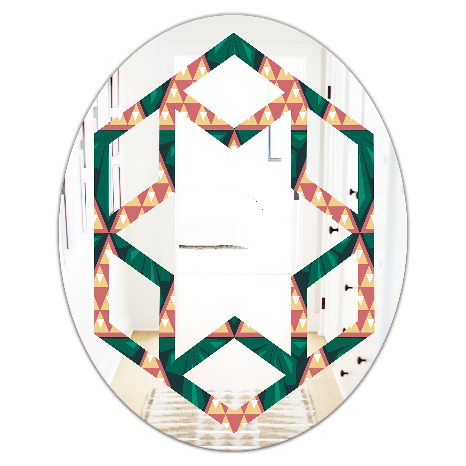 Abstract Geometric Retro II - Modern Round or Oval Wall Mirror - Hexagon Star