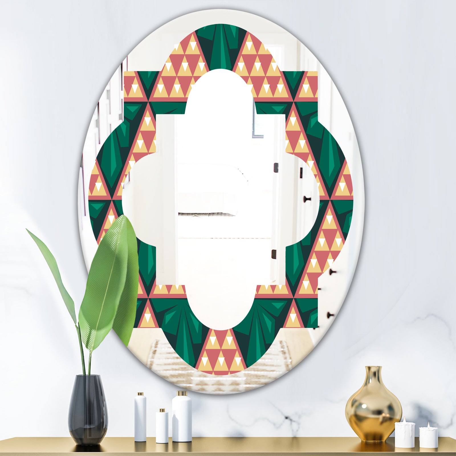 Abstract Geometric Retro II - Modern Round or Oval Wall Mirror - Quatrefoil