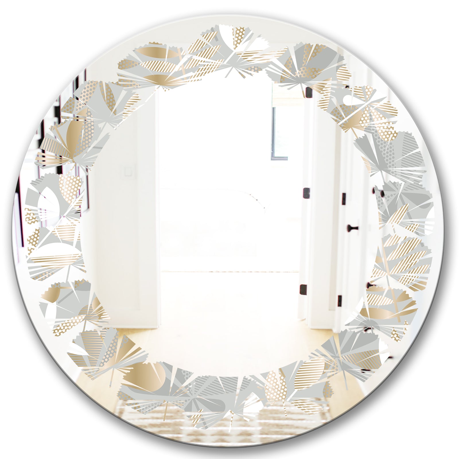 Golden Tropical Pattern VIII - Modern Round or Oval Wall Mirror - Leaves